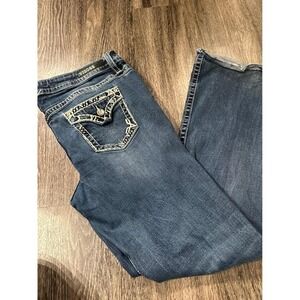 Vigoss Womens Blue Denim Bootcut Jeans Embellished Pockets Distressed Flaws